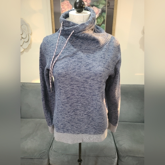 Columbia Womens Heathered Blue Asymmetrical Cowl Neck Sweatshirt Striped Trim - Picture 2 of 9